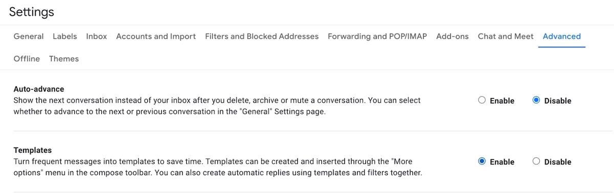 Gmail template: Gmail settings