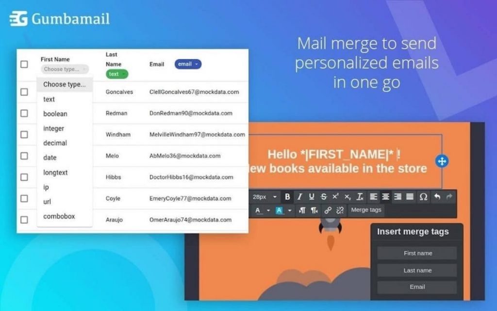 Screenshot of the Gumbamail mail merge functionality